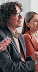 Applause, success and man with business people in workshop, finance seminar and presentation. Audience, corporate and workers clapping hands for achievement, meeting and growth for financial company