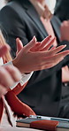 Applause, hands and row of business people in conference, meeting and presentation success. Audience, corporate and workers clapping for feedback in finance workshop, seminar and convention in office