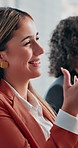 Applause, audience and woman with team for workshop, meeting success and presentation. Creative, advertising agency and workers clapping hands for achievement, feedback and celebrate for sale goals