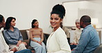 Therapy, face or woman with group session, counseling profession or pride in mental health center. Happy, confidence or therapist with portrait, clinic psychologist or about us in peer intervention.