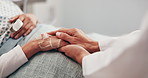 Support, sick person and holding hands in hospital bed with doctor for empathy, kindness or health. Medical worker, clinic and comfort patient with terminal illness, compassion or understanding