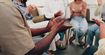 People, meeting and hands with applause in support group for social therapy or counseling. Community, huddle or clapping in circle of trust for winning, achievement or team building session together