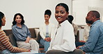 Happy, face or counselor with group session, wellness career or pride in mental health center. Smile, confidence or therapist with patients, clinical psychologist or about us in peer intervention.