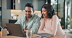 Laptop, planning and help with couple in home for payment option, banking research and discussion. Joint account, savings review and conversation with man and woman with tech in house for policy