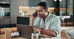 Angry, phone call and laptop with man in home for contact, banking error or transaction query. Fraud line, communication and frustrated with person and tech in house for payment problem and mistake