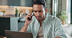 Frustrated, phone call and laptop with man in home for contact, banking error or transaction query. Fraud line, communication and angry with person and tech in house for payment problem and mistake