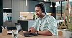 Video call, laptop and headset with man in home for online meeting, streaming and pr advisor. Virtual consultant, planning and contact with person and tech in house for feedback, project and webinar