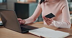 Laptop, credit card and order with hands of woman in home for digital transaction, account and password. Online shopping, ecommerce and fintech transfer with person in house for debit and checkout