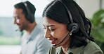 Call center, happy woman and coworking with conversation in office for telecom, sales and consulting. Explain, advice and female agent laughing with headset for telemarketing, lead generation and CRM