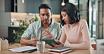 Tablet, planning and help with couple in home for payment option, banking research and discussion. Joint account, savings review and conversation with man and woman with tech in house for policy