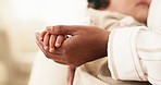 Love, mother and child holding hands in home for safety, parenting and support in living room. Care, mom and kid with bonding together at house for trust, development and guidance or security