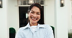 Property, face or happy woman in front yard with pride, fresh start or investment in dream home. Real estate, smile or person outdoor with portrait, housing achievement or confidence as new homeowner