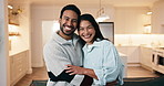 Face, smile and couple in living room with hug, commitment or love bonding together on weekend break. Happy, people dating and embrace in house with romantic connection, care and loyal relationship.