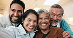 Face, selfie and family in home for photography, weekend picture or bonding together on sofa. Portrait, people and seniors with adult son or daughter for capture moment, visit or memory in house