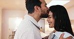 Happy, couple and forehead kiss in living room with love, embrace and bonding together for wellness. People, dating and romantic connection in home with hug, affection and soulmate relationship.