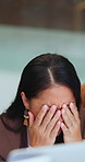 Woman, stress and glitch in office with computer, system crash or lost project for digital marketing. Frustrated, person and desktop in business with webpage problem, ad campaign fail or disappointed