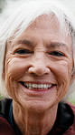 Happy, outdoor and face of elderly woman with positive attitude, vacation and good mood on weekend. Laugh, relax and portrait of senior person with holiday for retirement and fresh air in nature