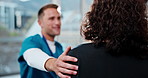 Hands, nurse and woman at hospital with support, patient care and assurance for diagnosis. Healthcare worker, checkup and female person at clinic with kindness, medical progress and treatment success