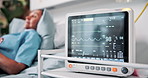 Monitor, screen or patient with vital signs in ICU for healthcare, treatment or recovery in hospital. Female person, lying and bed with ECG display or machine for cardiology or medical emergency