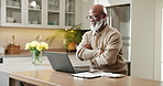 Laptop, remote work and arms crossed with black man in home for confidence and complete task. Tech, done and happy with mature African person in apartment for freelance account manager with feedback