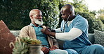 Caregiver, checkup and old man at house with stethoscope, cardiology and heartbeat for healthcare. Black people, listening and breathing with senior patient, cardiovascular sound and medical services