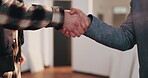 Real estate, deal and shaking hands with client in building, meeting or agreement for home purchase. People, negotiation and handshake with realtor, conversation and approval for property investment