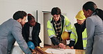 Architecture, team and meeting in office with blueprint, brainstorming design or project discussion. Architect, people and floor plan in commercial building for renovation, collaboration or proposal.