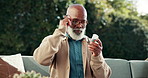 Black man, reading and pills with container for medication, information or dosage outdoor. Senior person, patient and prescription tablets for pharmaceuticals, medical plan or treatment in backyard