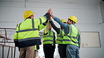 Engineer, team and high five at site for construction, motivation and success of completed project. Smile, people and celebration with applause, collaboration and achievement for building development