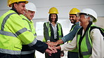 Engineer, team building and stack hands for success, clapping or celebration for construction goal. Happy people, architect and applause at site, mission and support for development completion