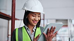Tablet, woman and construction worker on site with feedback on maintenance, repairs or remodeling. Technology, research and civil contractor with update on property development or renovation by flare