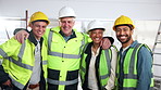 Face, engineer and team with smile for construction, career pride and about us for architecture. Portrait, people and laugh at site with embrace, collaboration and inclusion for building development
