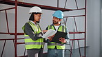 People, engineer and tablet with clipboard for construction, research and inspection report for safety. Team, discussion and digital at site with checklist, compliance contract and building expansion