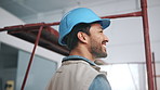 Happy, man or builder thinking on site with construction progress, renovation or vision of success. Person, smile and worker in commercial building with remodeling project, satisfaction or reflection