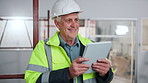 Tablet, man and construction worker on site with research for maintenance, repairs or building. Technology, planning and mature civil contractor with feedback on property development or renovation.