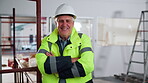 Construction, face or engineer on site with arms crossed, contractor or about us as developer. Pride, mature man or architect with scaffolding, confidence or building career in industrial industry.