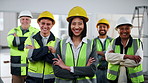 Face, woman and engineer with team for construction, pride and arms crossed for architecture. Portrait, people and smile at site with leadership, collaboration and project for building development