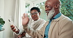 Phone, smile and search with old couple on sofa for communication, streaming and happy. Social media, relax and retirement with black man and woman in living room of home for technology and love