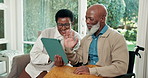 Old couple, wave and video call in home with tablet, wheelchair and online communication on weekend. Happy, black man with a disability and woman with digital tech, contact or virtual conversation
