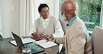 Notebook, laptop and couple in home with planning for monthly budget, savings or mortgage payment. Discussion, computer and mature African man with woman for asset management with investment in house
