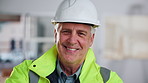 Crossed arms, smile and face of construction worker on site by scaffolding with confidence for renovation. Man, about us and portrait of mature civil engineer with pride for property remodeling.