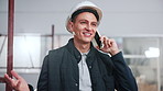Happy, man and engineer with phone call for construction, coordination and feedback on architecture. Thinking, male person and mobile at site for discussion, contact contractor and building progress