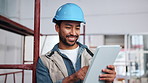 Construction, review or man on site with tablet, task agenda or inspection update on renovation. Building, flare or happy engineer with ppe, remodeling brief or operation schedule on digital platform