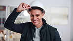 Face, man and technician with smile in factory for inspection, building development and maintenance. Portrait, male person and hard hat for safety, quality control and engineering for expansion