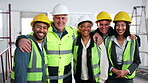 Construction, face or team on site with unity, contracting staff or pride in industrial industry. Happy, people or engineering group with solidarity, confidence or about us in building development.