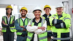 Construction, manager or team with arms crossed, site staff or pride in industrial industry. Happy people, leader or engineering group with solidarity, confidence or about us in building development.