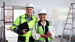 Architect, face and team with smile on construction site for architecture project together. Portrait, mature people or civil engineer with helmet or tablet for about us, safety or building renovation