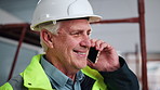 Smile, man and engineer with phone call for construction, coordination or feedback on architecture. Thinking, mature person and mobile at site for discussion, contact contractor and building progress
