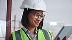 Tablet, happy and construction worker on site with project for remodeling, repairs or building. Glasses, woman and civil engineer with tech for update on property development or maintenance by flare.