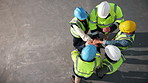 Engineer, meeting and hand stack for construction, motivation and celebration for completed project. Above, people or team at site with applause, collaboration and achievement of building development